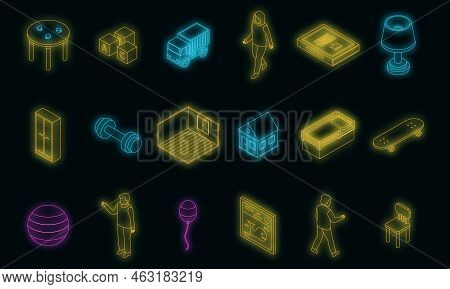Childrens Room Icons Set. Isometric Set Of Childrens Room Vector Icons Neon Color On Black