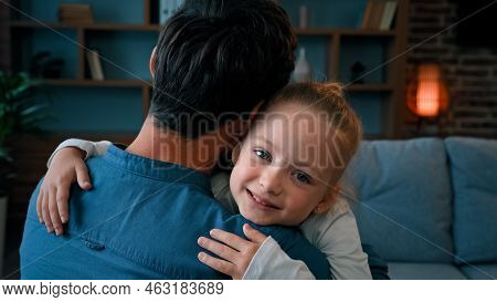 Loving Cute Daughter Hugging Adorable Daddy Happy Young Caucasian Family Single Father Embracing Lit
