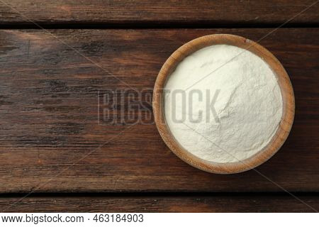 Bowl Of Agar-agar Powder On Wooden Table, Top View. Space For Text