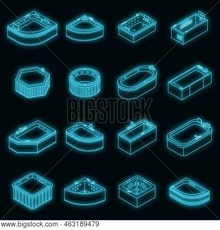 Jacuzzi Icons Set. Isometric Set Of Jacuzzi Vector Icons Neon Color On Black