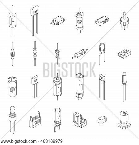 Capacitor Icons Set. Isometric Set Of Capacitor Vector Icons Outline Thin Lne Isolated On White