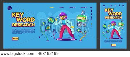 Keyword Research Banner With Woman Work With Query Analysis. Vector Template Of Flexible Landing Pag