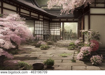 Old Wooden Houses On A Street Of Sanmachi Suji Historic District In Takayama, Japan, With Flower Pot