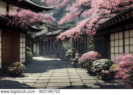 Old Wooden Houses On A Street Of Sanmachi Suji Historic District In Takayama, Japan, With Flower Pot