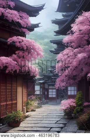 Old Wooden Houses On A Street Of Sanmachi Suji Historic District In Takayama, Japan, With Flower Pot