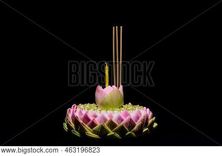Selective Focus On Lotus Flower Of Pink Lotus Petal Krathong On Night Background For Thailand Full M