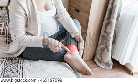 Pregnancy Pain Leg Woman. Pregnant Girl Have Leg Disease, Ankle Pain Doing Health Massage Exercise. 