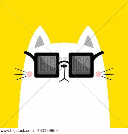 White Cat Wearing Square Sunglasses Eyeglasses. Cute Cartoon Kawaii Funny Character. Kitten In Eyegl
