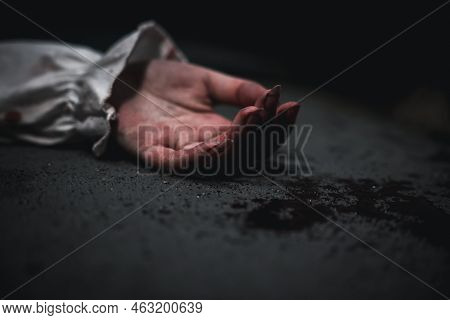 Closeup Hand With Blood Of Horror Bloodthirsty Ghost Woman On Floor, Homicide Female Hands Jerky In 