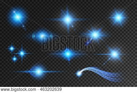Blue Lens Flare, Star Light And Glow. Spotlight White 3d Flare Or Flash, Lens Transparent Realistic 
