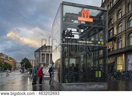 Copenhagen, Denmark. October 2022. The Red Sign Of The Subway Station In The City Bcenter