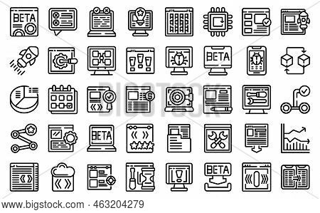 Beta Version Icons Set Outline Vector. Build Bug. Code App