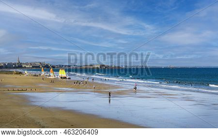 Saint-malo, France, 08,27,2022: View Of The Beach Du Sillon With People Enjoying Leisure And Water A