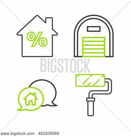 Set Line Paint Roller Brush, House Building Speech Bubble, Warehouse And With Percant Discount Tag I