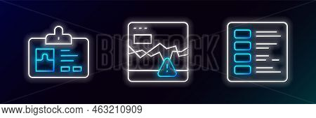 Set Line Business Finance Report, Identification Badge And Failure Stocks Market Icon. Glowing Neon.