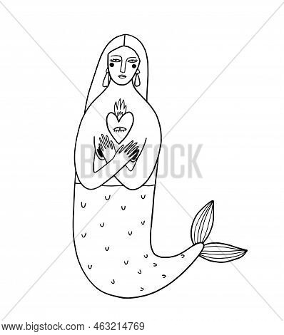 A Mermaid Holds A Heart With Fire And An Eye In Her Hands. Mythical Creature Isolated On White Backg