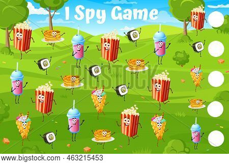 I Spy Game Worksheet Of Cartoon Fast Food And Desserts Characters On Summer Meadow. Vector Puzzle Qu