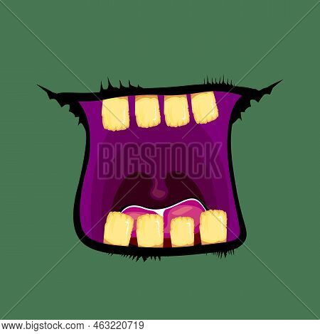 Vector Cartoon Funny Zombie Monster Open Mouth With Rotten Teeth Isolated On Green Background. Vecto