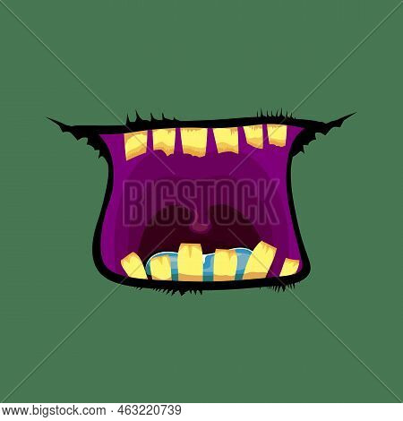 Vector Cartoon Funny Zombie Monster Open Mouth With Rotten Teeth Isolated On Green Background. Vecto