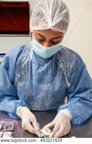 Scientist Preparing Paraffin Blocks Containing Biopsy Tissue For Sectioning. Pathology Laboratory. C