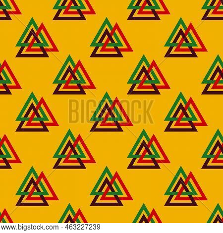 Valknut Seamless Pattern. Sign Valknut In Retro Color. Scandinavian Amulet, Symbol God Odin. Vintage