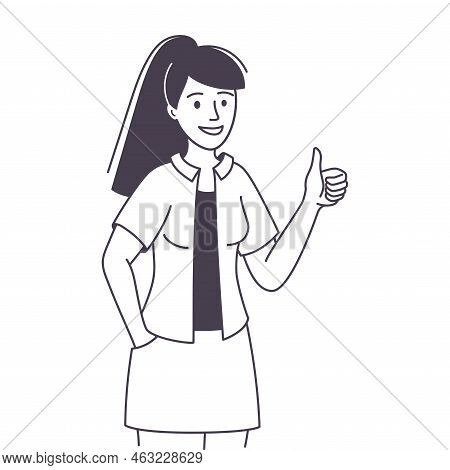 Woman Character Showing Thumb Up As Positive Hand Gesture Outline Vector Illustration