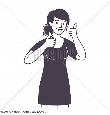 Woman Character Showing Thumb Up As Positive Hand Gesture Outline Vector Illustration