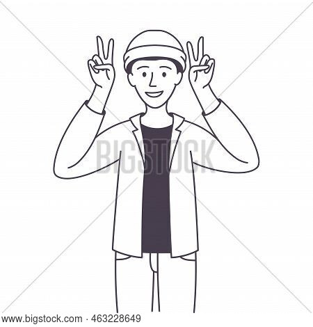Man Character Showing V Peace Sign As Positive Hand Gesture Outline Vector Illustration