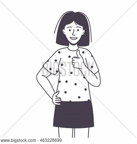 Woman Character Showing Thumb Up As Positive Hand Gesture Outline Vector Illustration