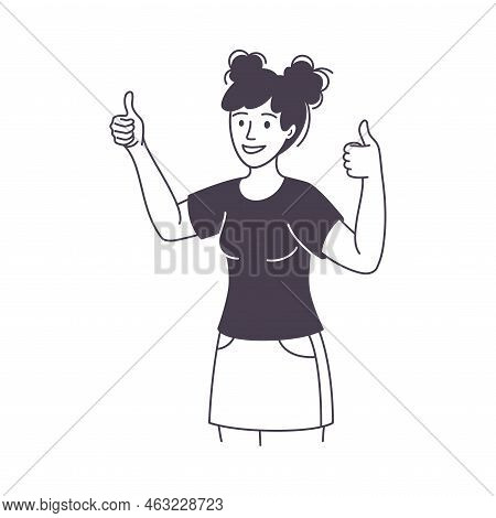 Woman Character Showing Thumb Up As Positive Hand Gesture Outline Vector Illustration