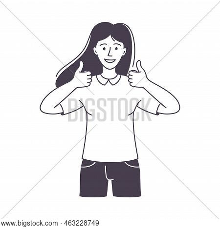 Woman Character Showing Thumb Up As Positive Hand Gesture Outline Vector Illustration
