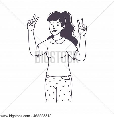 Woman Character Showing V Peace Sign As Positive Hand Gesture Outline Vector Illustration