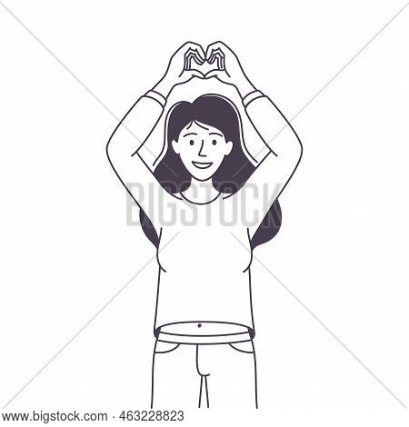 Woman Character Showing Heart Positive Hand Gesture Outline Vector Illustration