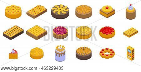 Upside-down Cake Icons Set Isometric Vector. Pineapple Tart. Baked Food