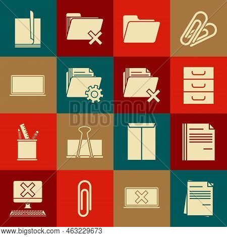Set File Document, Drawer With Documents, Document Folder, Folder Settings Gears, Laptop, And Delete