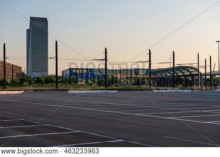 Ghent, East Flanders Region, Belgium - 07 18 2021 Empty Parking Lot And Ikea Store At The Flanders E