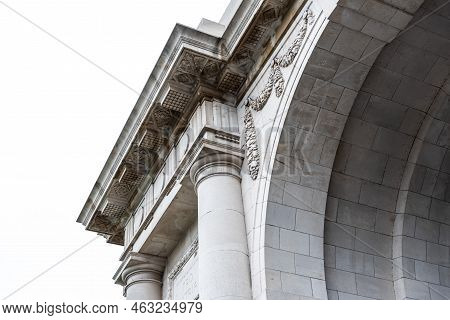 Ieper, West Flanders Region - Belgium - 07 15 2021 Diagonal Upwards View Of A Classic City Gate Orna