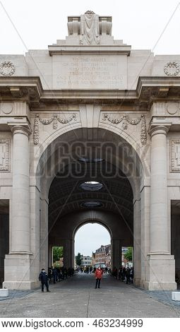 Ieper, West Flanders Region - Belgium - 07 15 2021 The Menin City Gate With People Attending The Dai