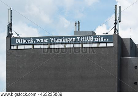 Dilbeek, Flemish Brabant Region, Belgium - 7 2 2021 - Roof And Sign Indicating Dilbeek, City Of The 