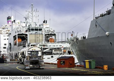 St Johns Newfoundland Canada, September 23 2022: Fuel Trucks Fuelling Cruise Ships And War Ships At 