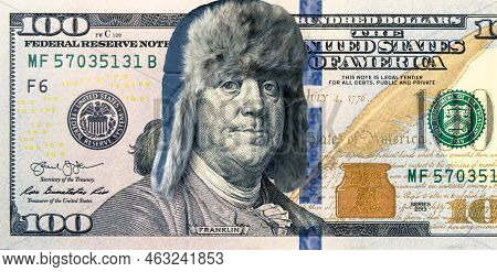 Energy Crisis And Money, 100 Dollar Bill With Winter Hat, President Feeling Cold. World Economy Hits