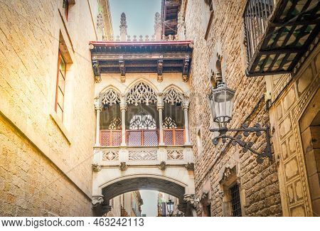 Famous Madieval Bridge Between Buildings In Barrio Gotic Quarter Of Barcelona, Spain