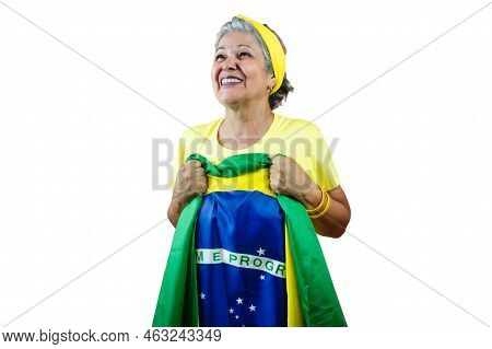 Senior Woman With Brazil Flag Isolated On White Background Cheering For Brazil To Be The Champion