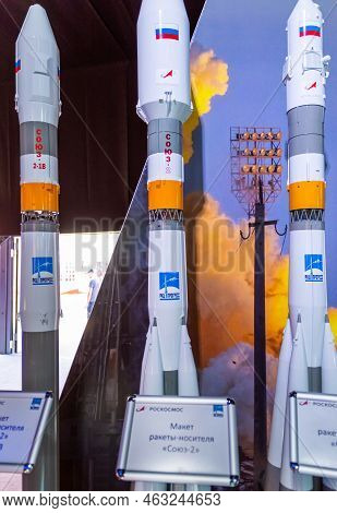 August 30, 2019, Moscow Region, Russia. Models Of Russian Launch Vehicles Soyuz-2 And Soyuz-fg.