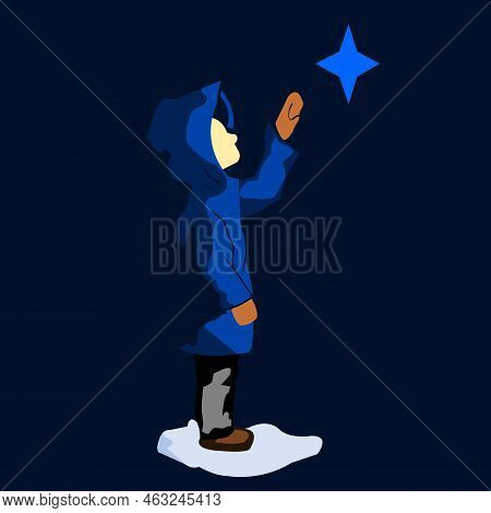 Boy Reaching For A Star. Miracle In Winter Or Winter Fairy Tale. Beautiful Dream.
