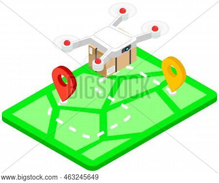 Delivery Service Delivers Parcel Using Quadcopter Flying Above Map With Geotagging. Future Technolog