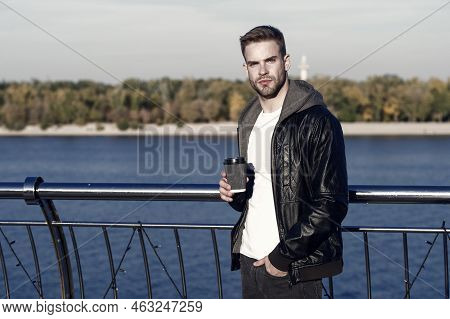 Idyllic Morning. Hipster Hold Paper Coffee Cup. Coffee Break. Drink It On Go. Man Hipster Hold Coffe