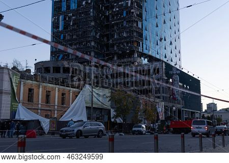 Kyiv, Ukraine - 10.10.2022. Russia's Military Aggression Against Ukraine. Business Center 101 Tower 