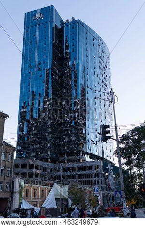 Kyiv, Ukraine - 10.10.2022. Russia's Military Aggression Against Ukraine. Business Center 101 Tower 