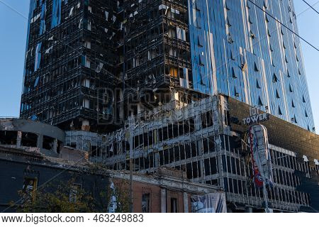 Kyiv, Ukraine - 10.10.2022. Russia's Military Aggression Against Ukraine. Business Center 101 Tower 